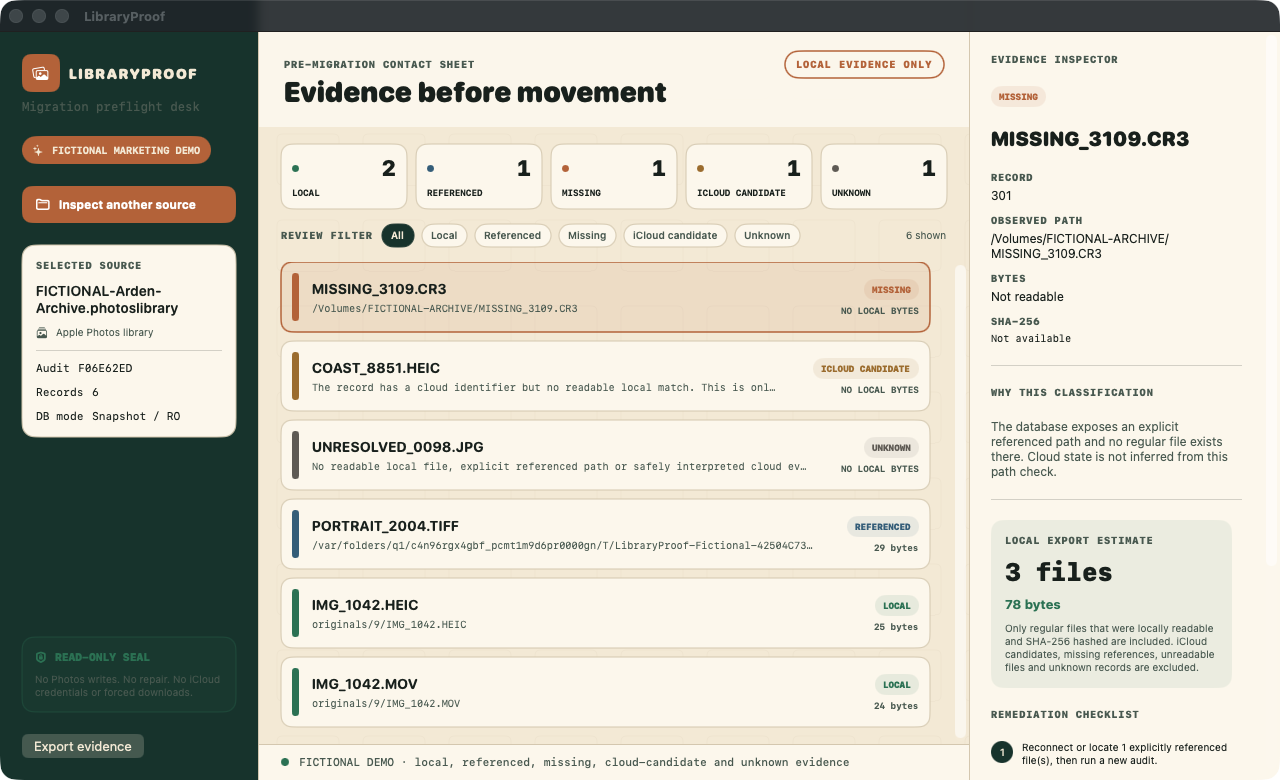 LibraryProof Release build showing a fictional Photos library audit with source details, evidence classifications and a selected missing reference